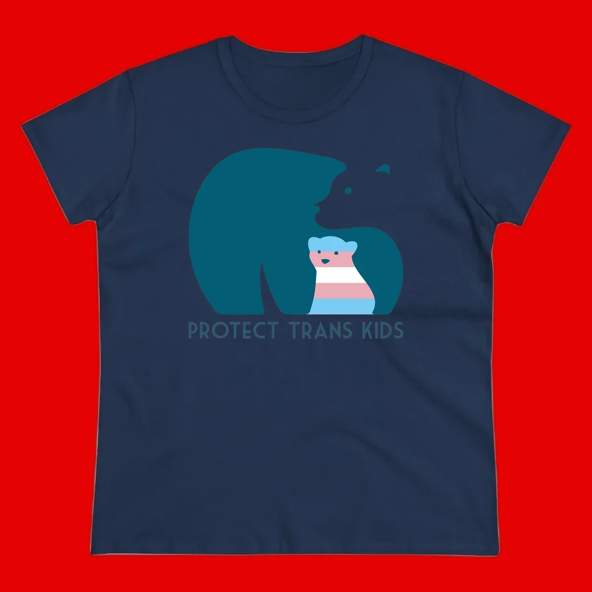 Large teal bear protecting small striped cub with 'PROTECT TRANS KIDS' text below in protect-trans-kids-bear design