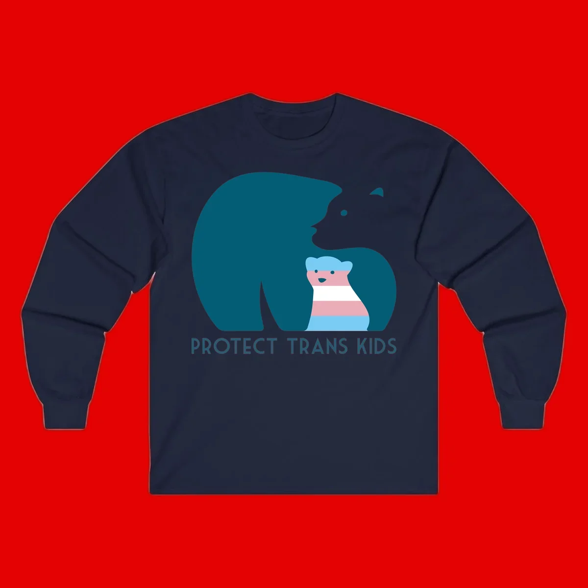 Large teal bear protecting small striped cub with 'PROTECT TRANS KIDS' text below in protect-trans-kids-bear design