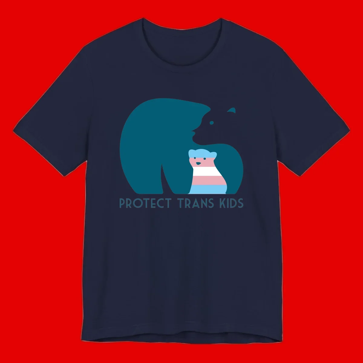 Large teal bear protecting small striped cub with 'PROTECT TRANS KIDS' text below in protect-trans-kids-bear design