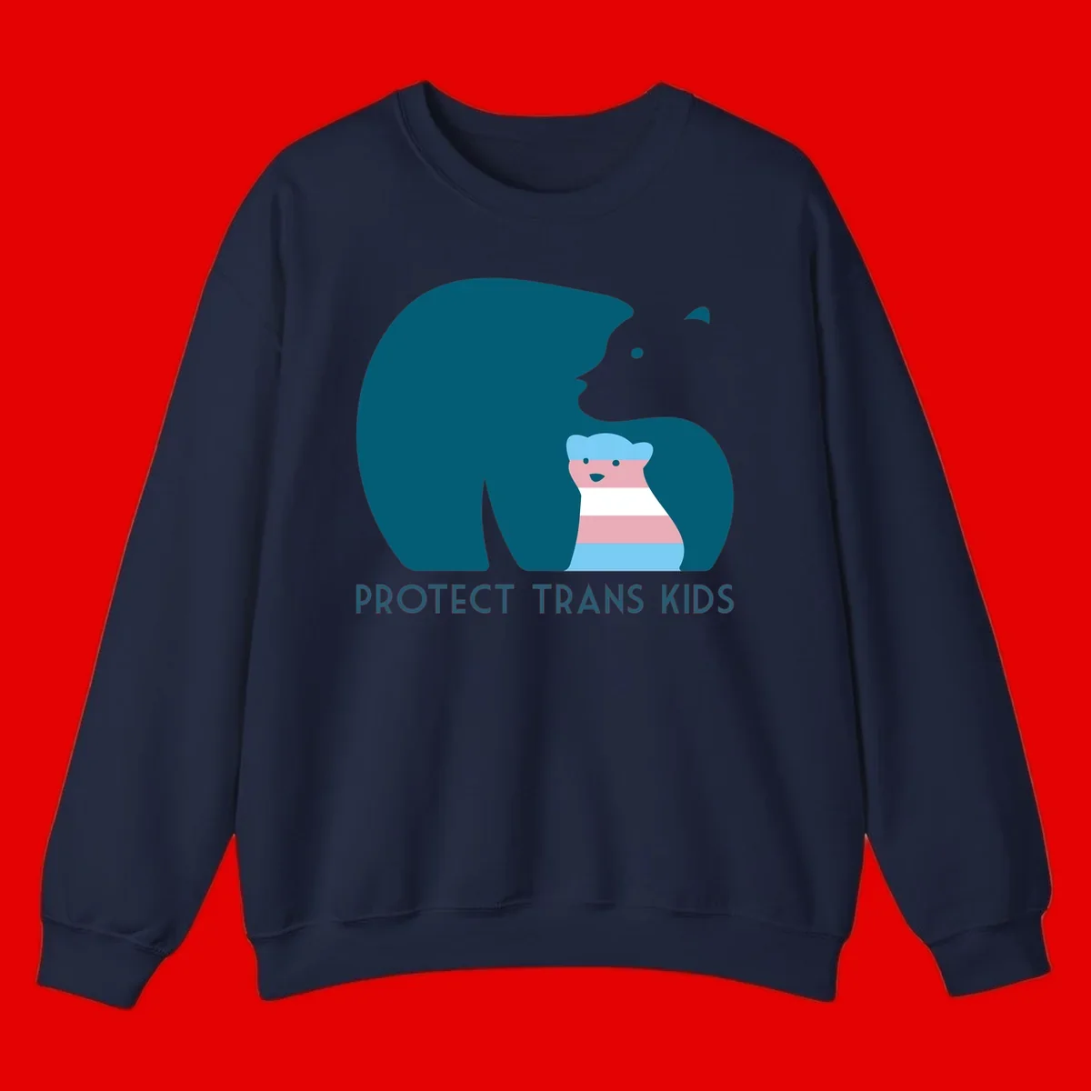 Large teal bear protecting small striped cub with 'PROTECT TRANS KIDS' text below in protect-trans-kids-bear design