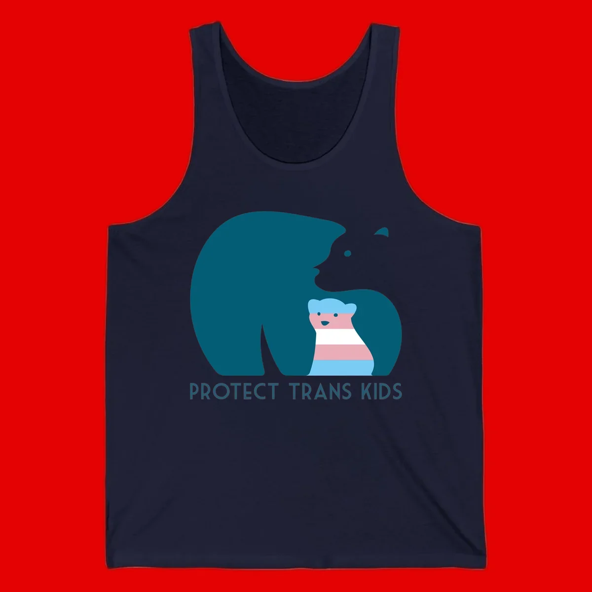Large teal bear protecting small striped cub with 'PROTECT TRANS KIDS' text below in protect-trans-kids-bear design