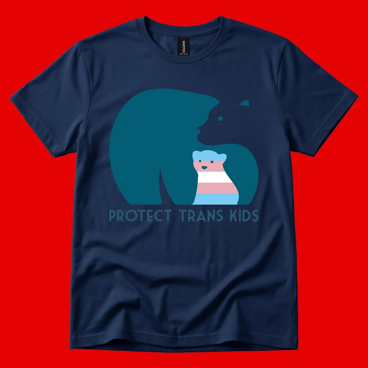 Large teal bear protecting small striped cub with 'PROTECT TRANS KIDS' text below in protect-trans-kids-bear design
