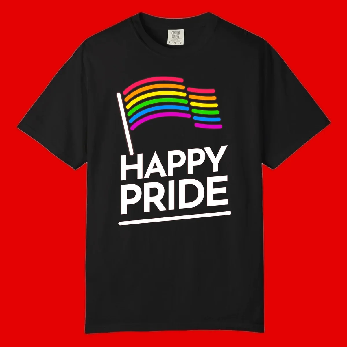 Happy Pride rainbow flag design with seven curved colored stripes waving from a flagpole and white text reading HAPPY PRIDE
