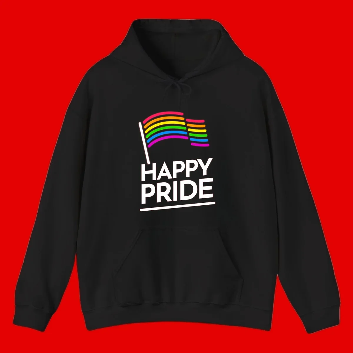 Happy Pride rainbow flag design with seven curved colored stripes waving from a flagpole and white text reading HAPPY PRIDE