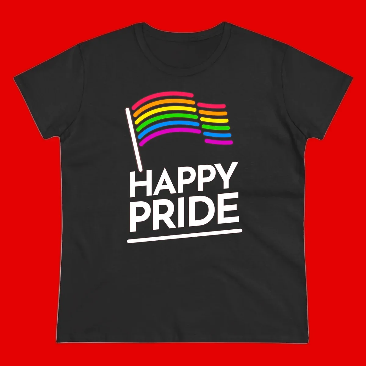 Happy Pride rainbow flag design with seven curved colored stripes waving from a flagpole and white text reading HAPPY PRIDE