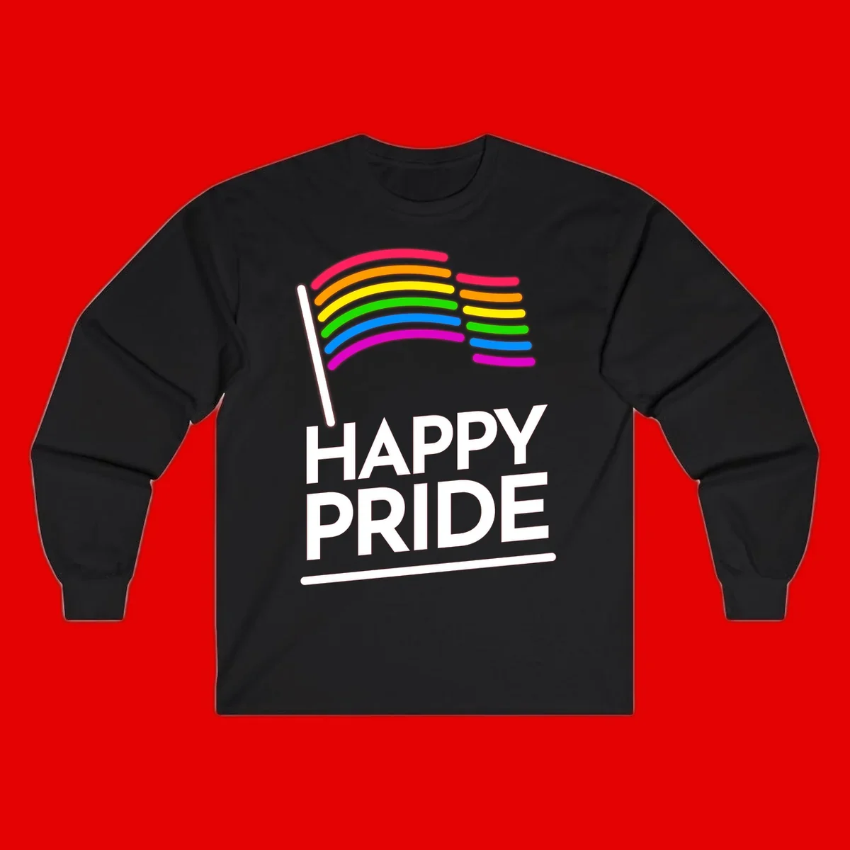 Happy Pride rainbow flag design with seven curved colored stripes waving from a flagpole and white text reading HAPPY PRIDE