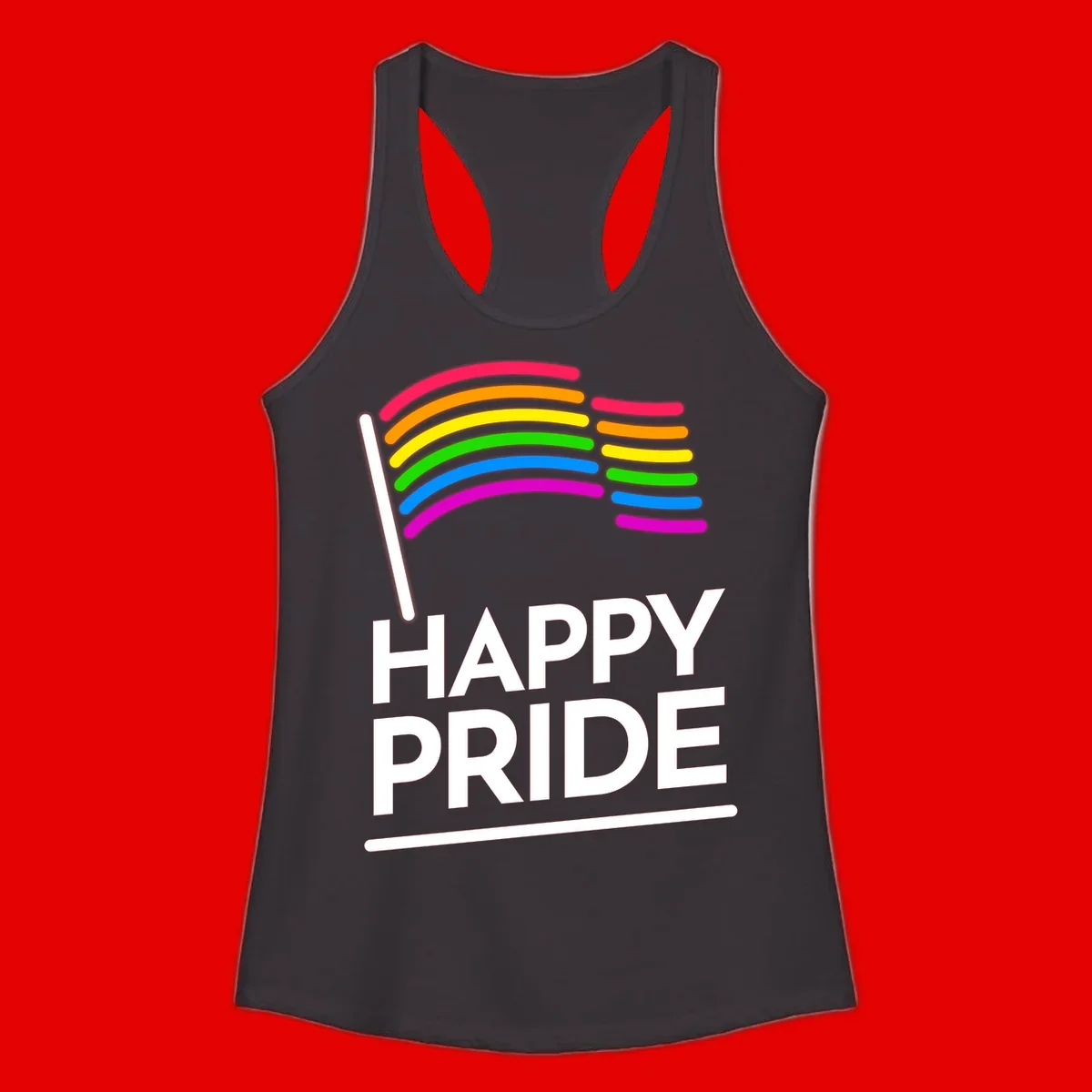 Happy Pride rainbow flag design with seven curved colored stripes waving from a flagpole and white text reading HAPPY PRIDE