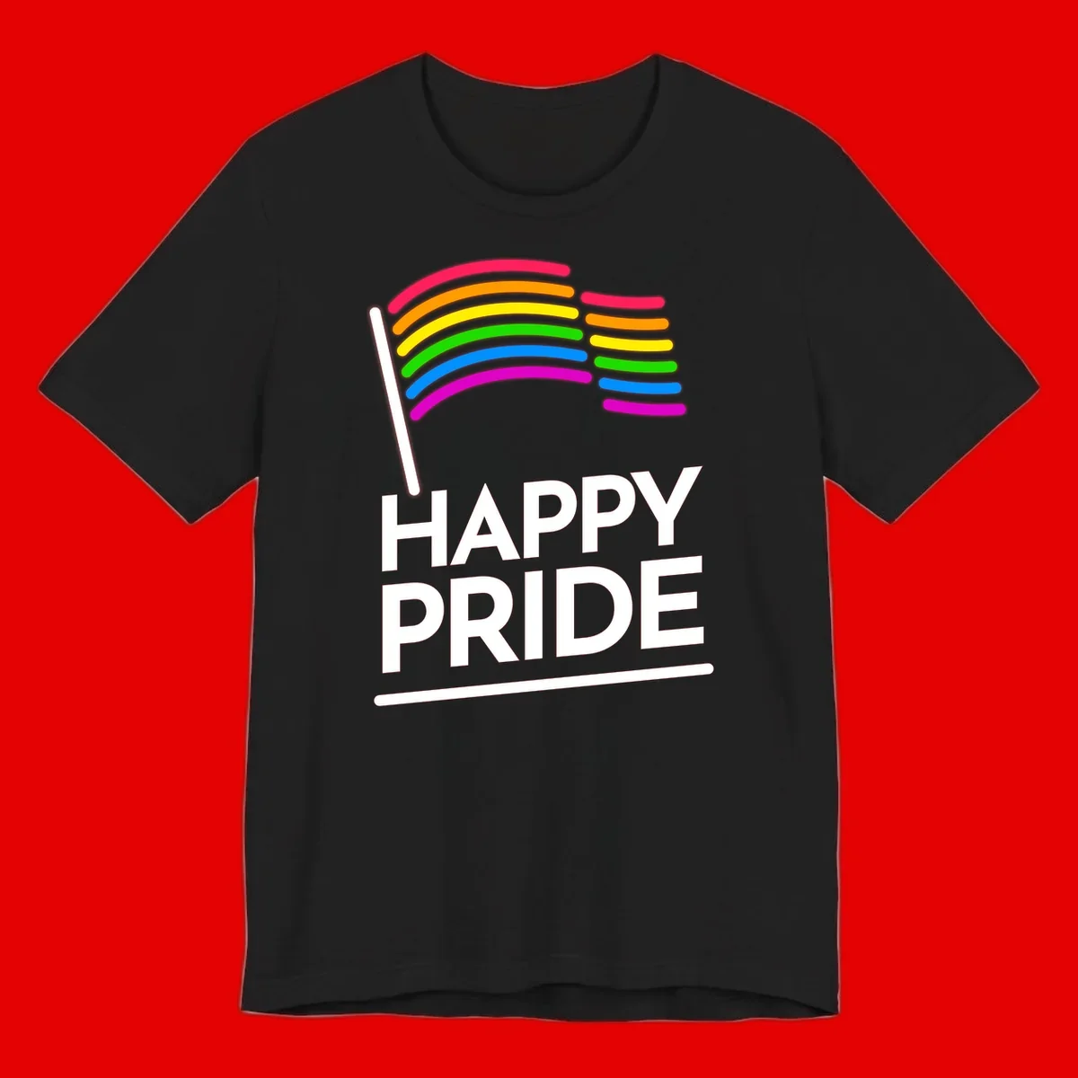Happy Pride rainbow flag design with seven curved colored stripes waving from a flagpole and white text reading HAPPY PRIDE