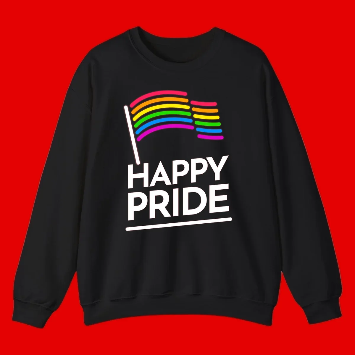 Happy Pride rainbow flag design with seven curved colored stripes waving from a flagpole and white text reading HAPPY PRIDE