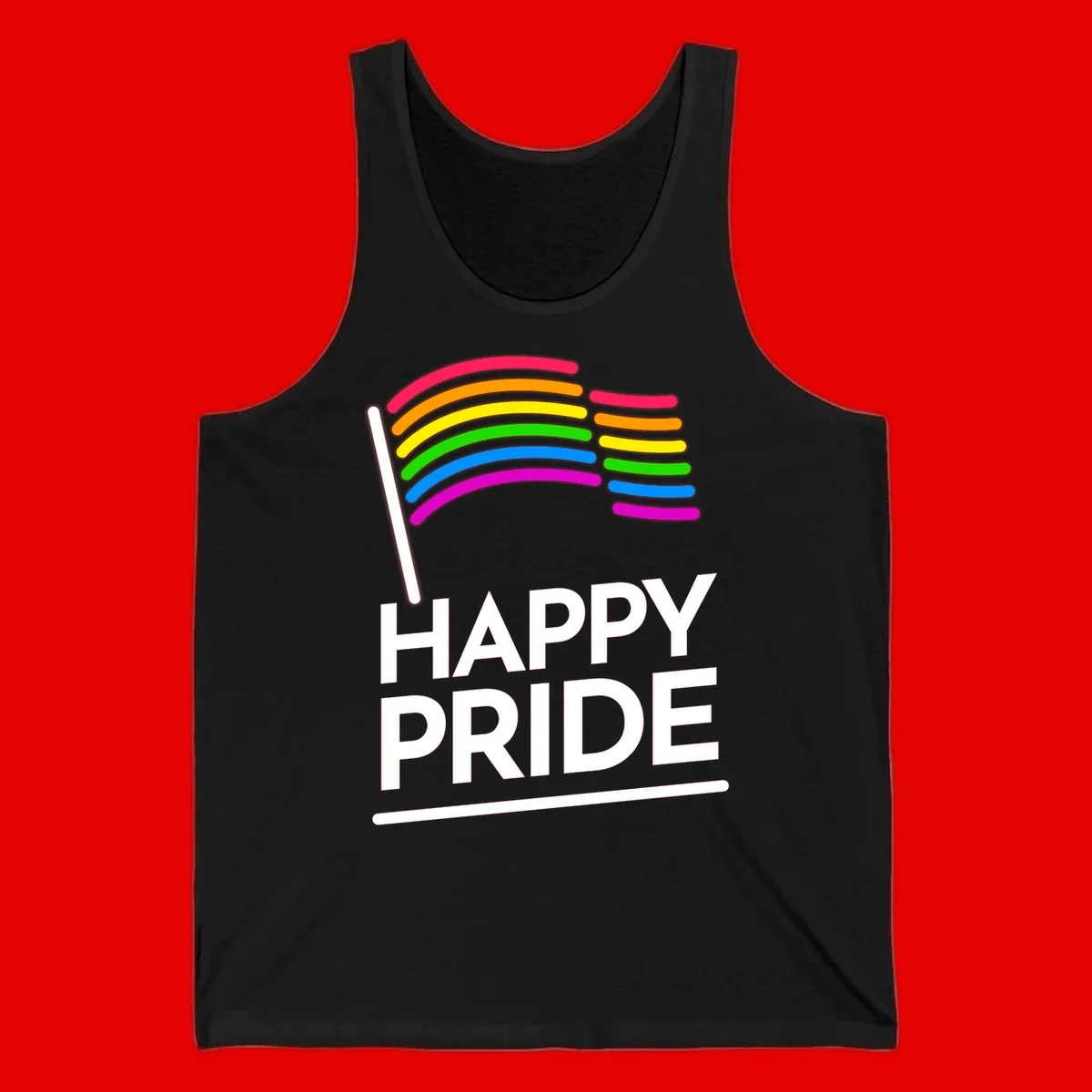 Happy Pride rainbow flag design with seven curved colored stripes waving from a flagpole and white text reading HAPPY PRIDE