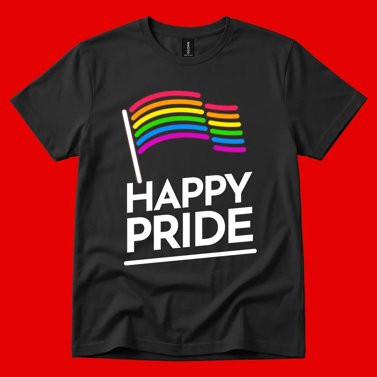 Happy Pride rainbow flag design with seven curved colored stripes waving from a flagpole and white text reading HAPPY PRIDE
