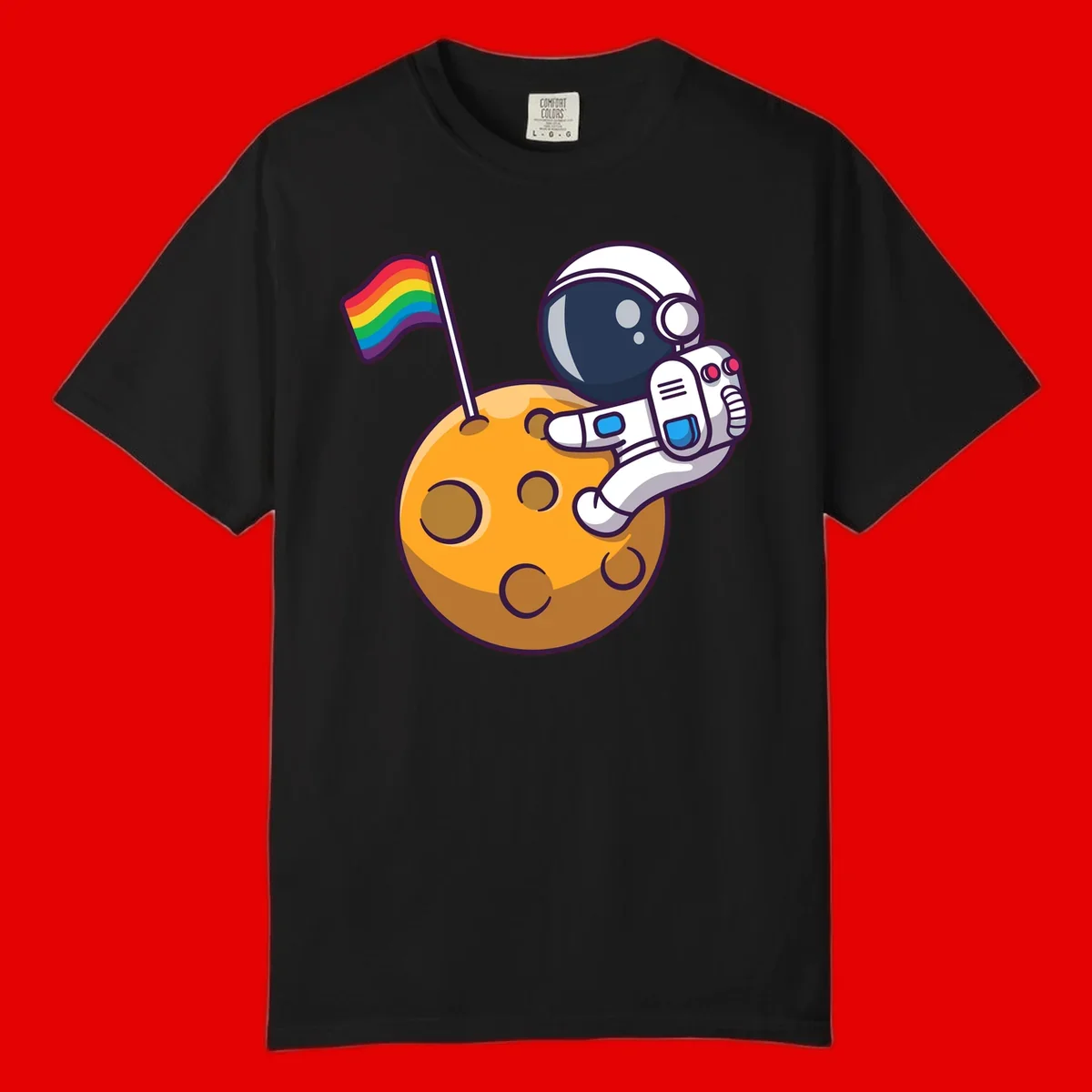 Cartoon astronaut in white space suit holding rainbow pride flag on golden moon surface with craters