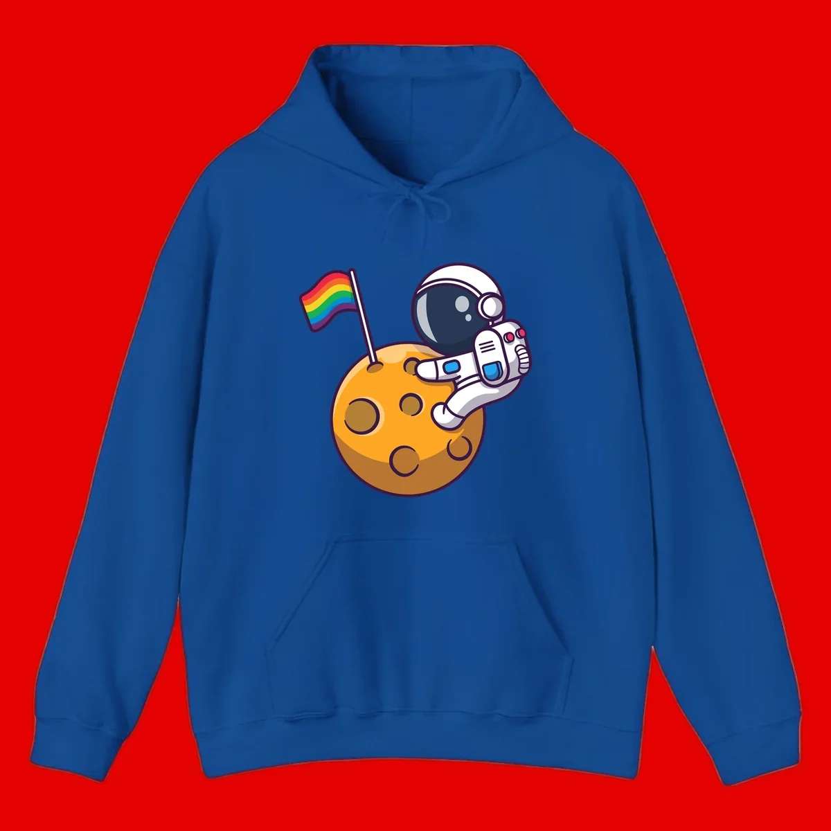 Cartoon astronaut in white space suit holding rainbow pride flag on golden moon surface with craters