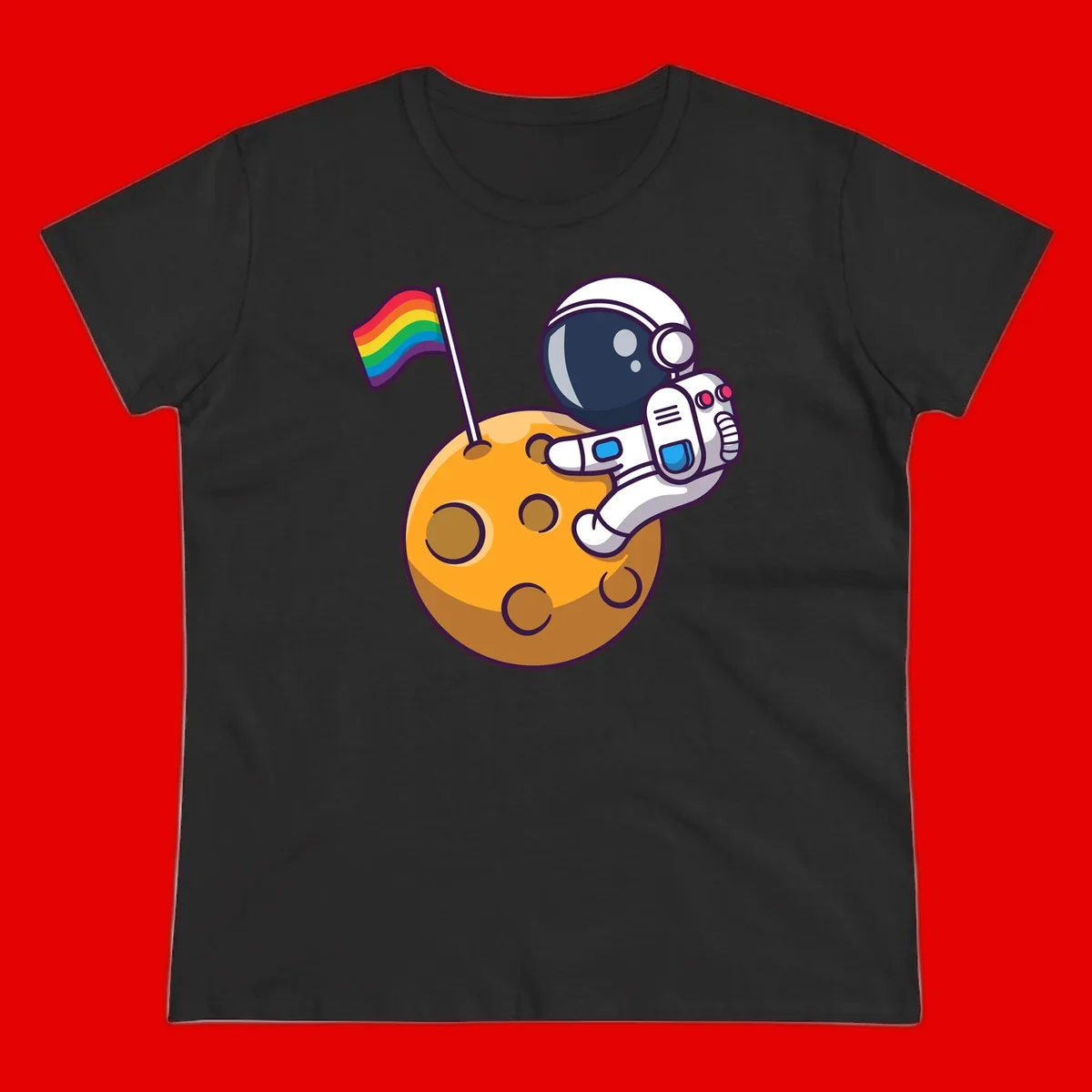 Cartoon astronaut in white space suit holding rainbow pride flag on golden moon surface with craters
