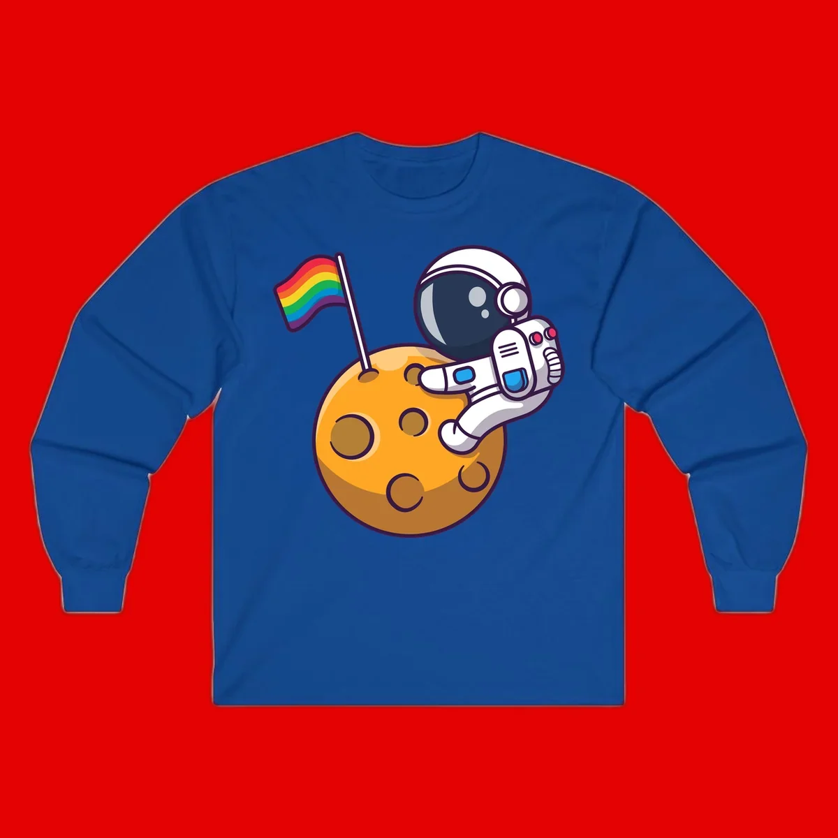 Cartoon astronaut in white space suit holding rainbow pride flag on golden moon surface with craters