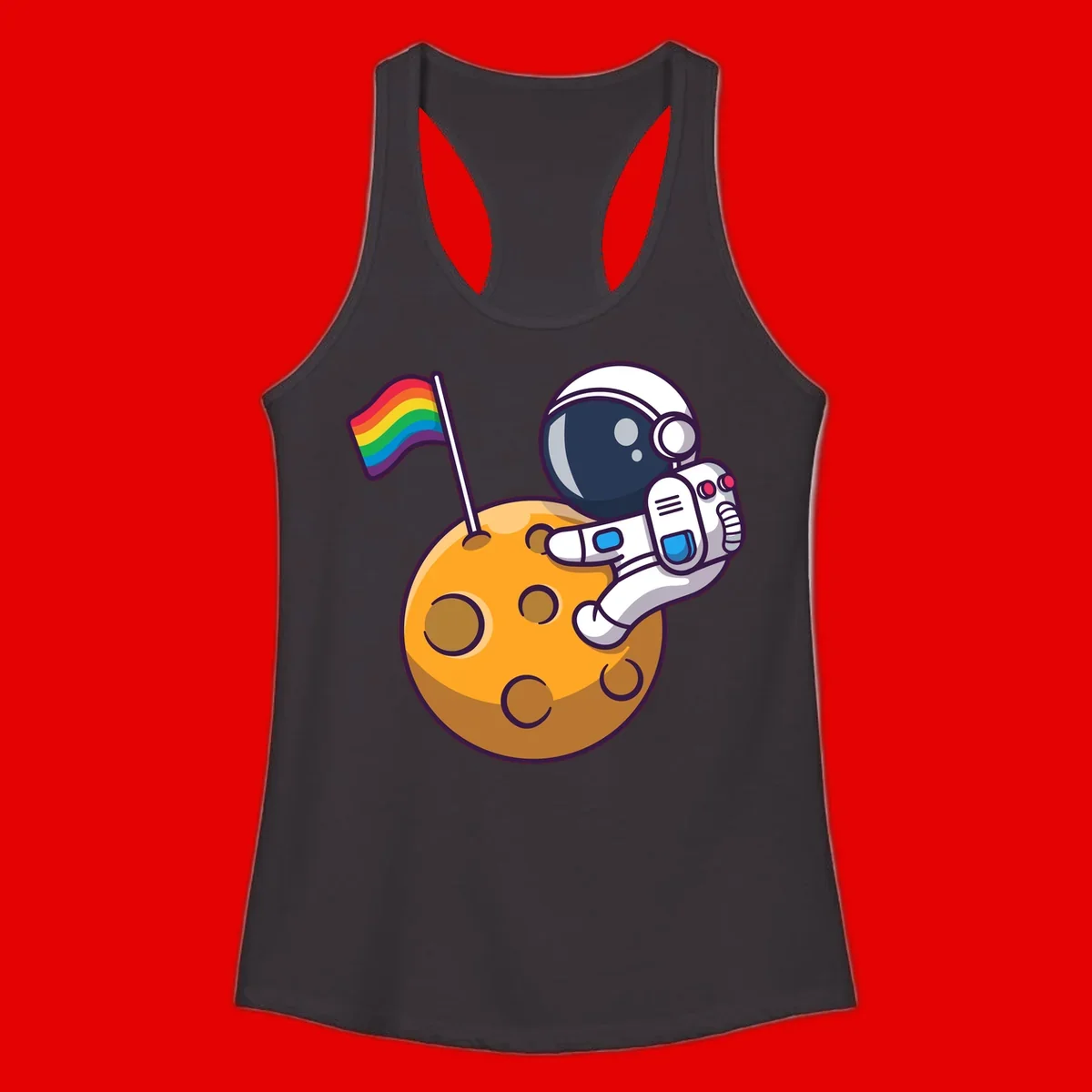 Cartoon astronaut in white space suit holding rainbow pride flag on golden moon surface with craters