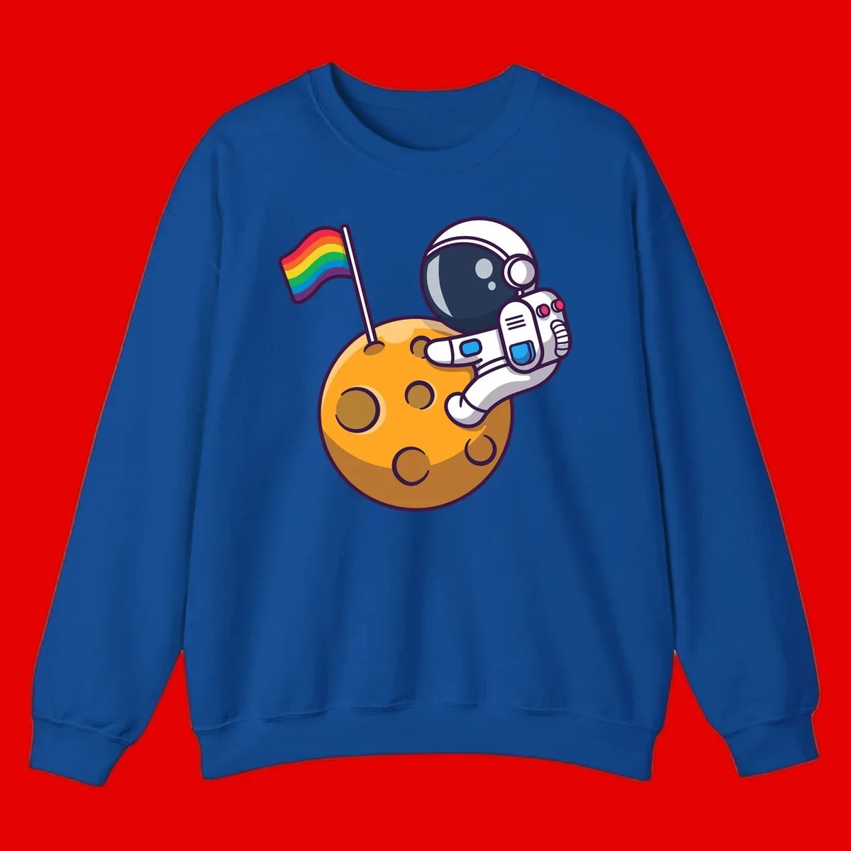 Cartoon astronaut in white space suit holding rainbow pride flag on golden moon surface with craters
