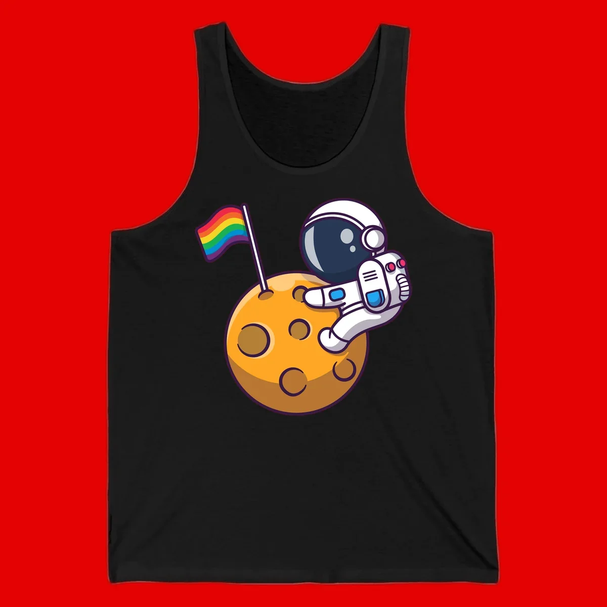 Cartoon astronaut in white space suit holding rainbow pride flag on golden moon surface with craters