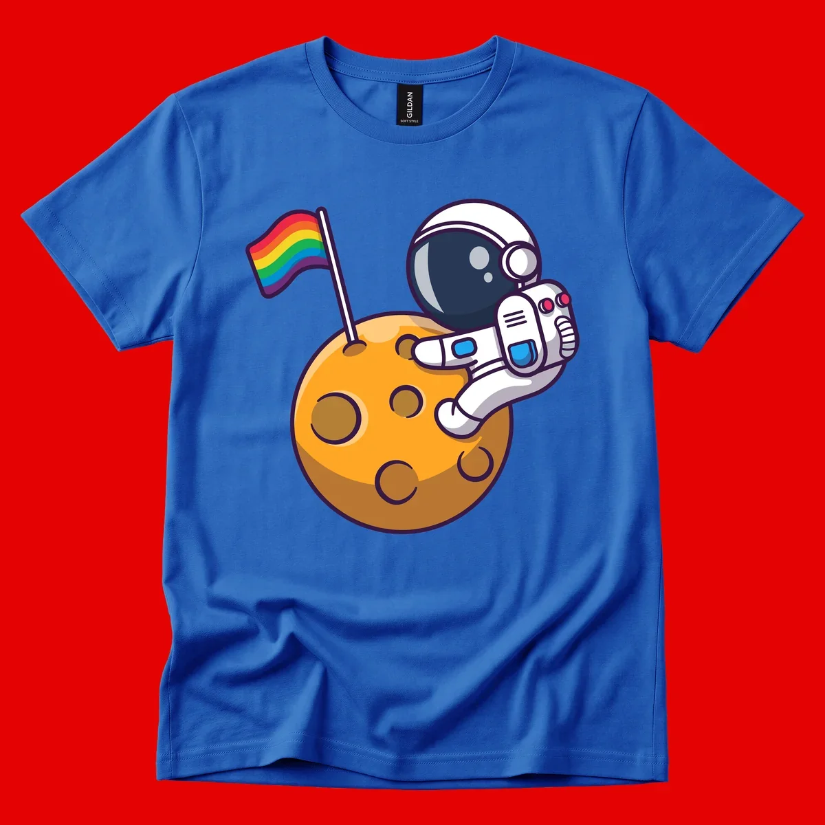 Cartoon astronaut in white space suit holding rainbow pride flag on golden moon surface with craters