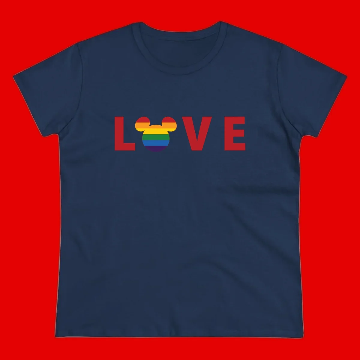 Love pride mouse ears design with rainbow-striped Mickey head icon and colorful pride flag stripes on gray background
