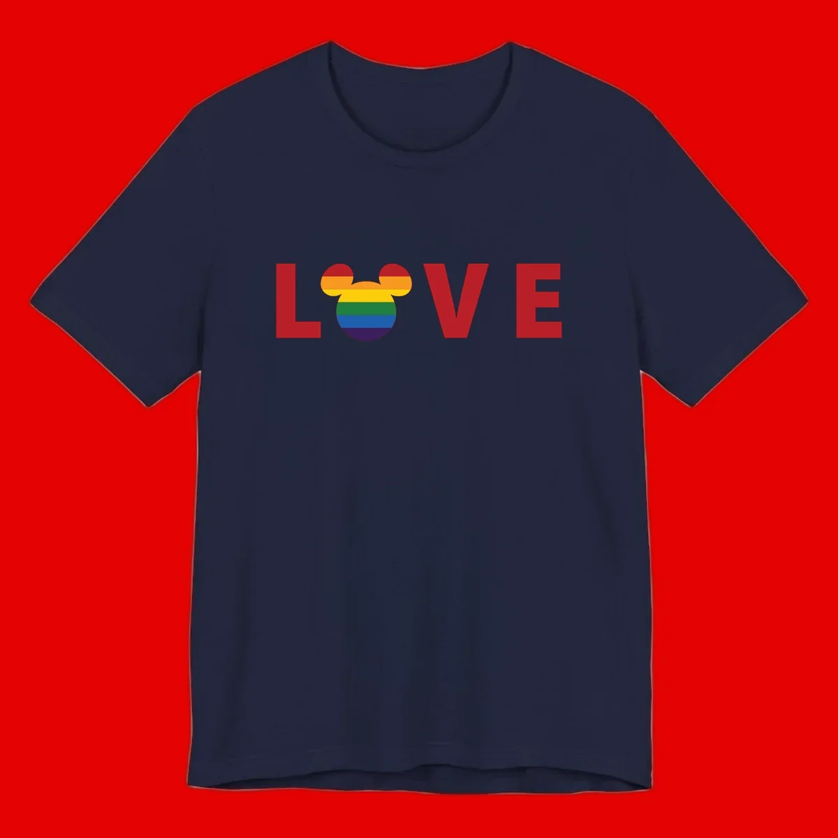 Love pride mouse ears design with rainbow-striped Mickey head icon and colorful pride flag stripes on gray background