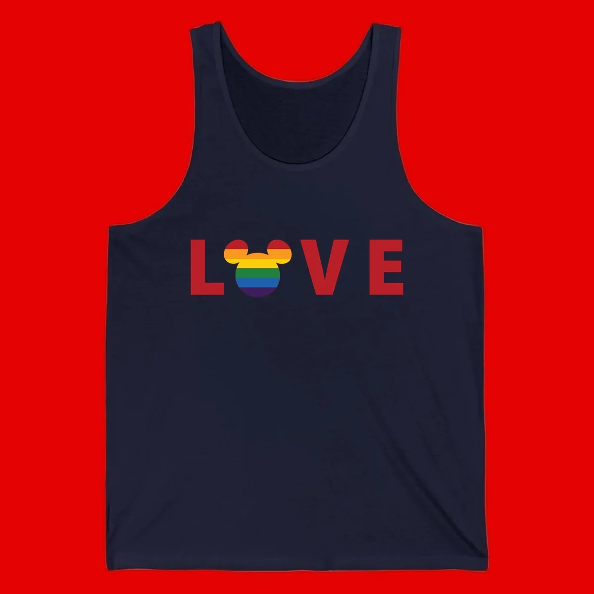 Love pride mouse ears design with rainbow-striped Mickey head icon and colorful pride flag stripes on gray background
