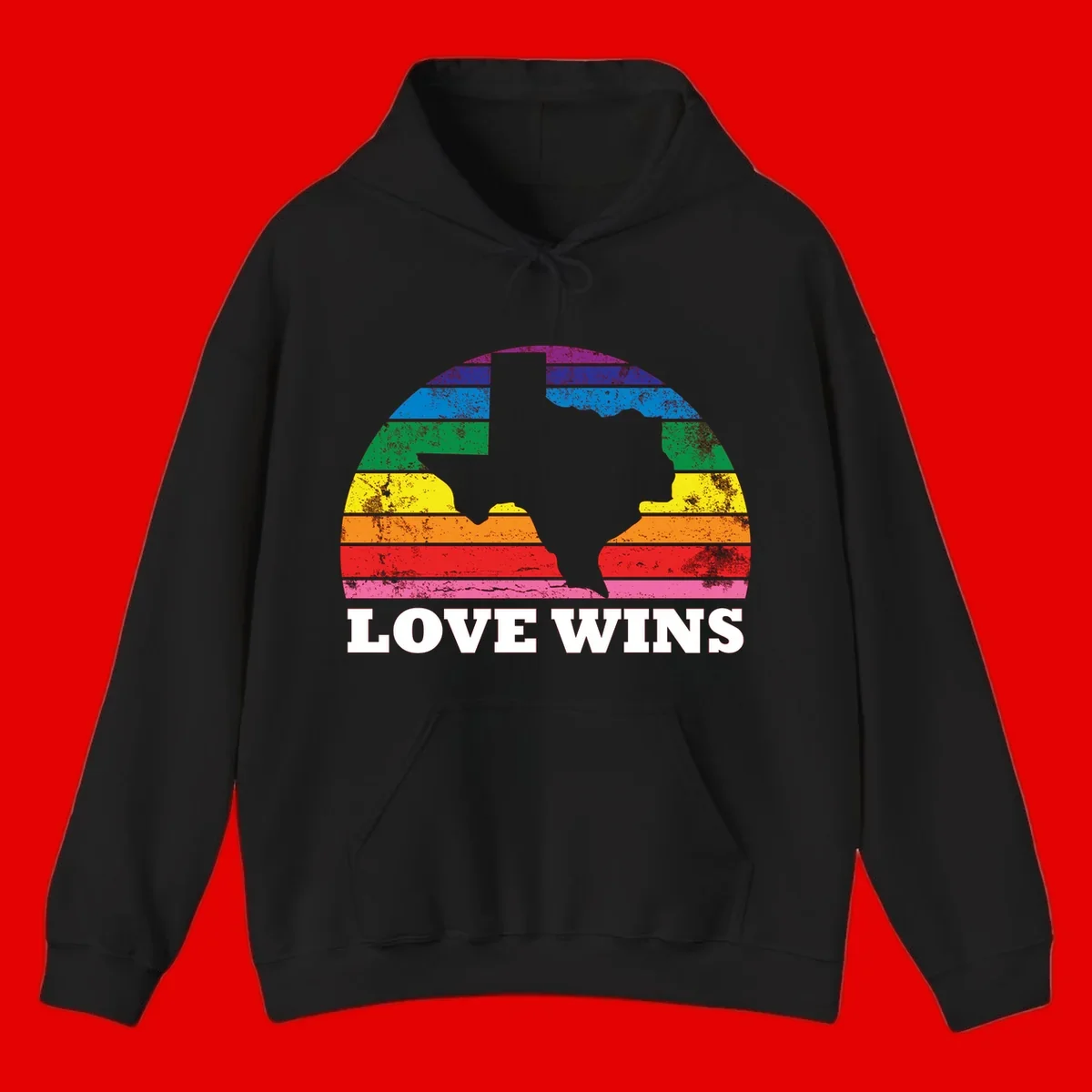 Two human head silhouettes in profile filled with rainbow horizontal stripes, with 'Love Wins' text below