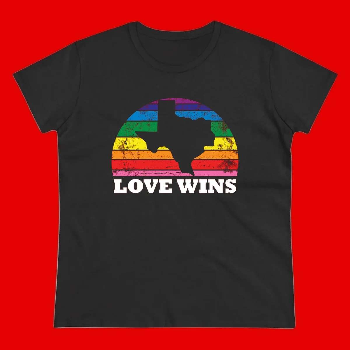 Two human head silhouettes in profile filled with rainbow horizontal stripes, with 'Love Wins' text below