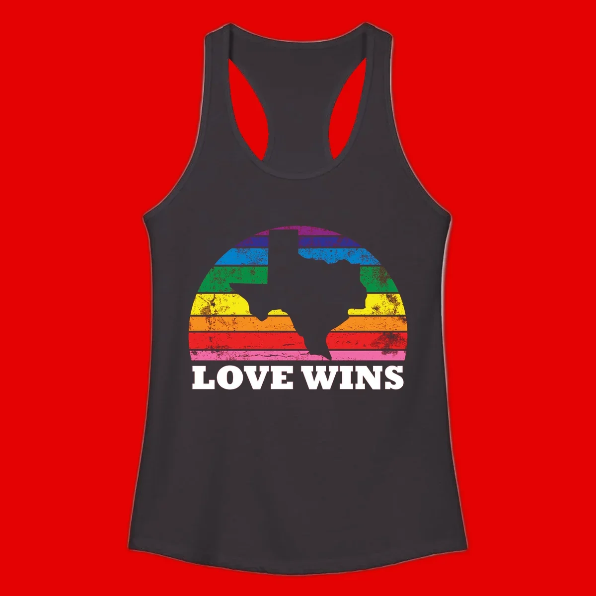 Two human head silhouettes in profile filled with rainbow horizontal stripes, with 'Love Wins' text below
