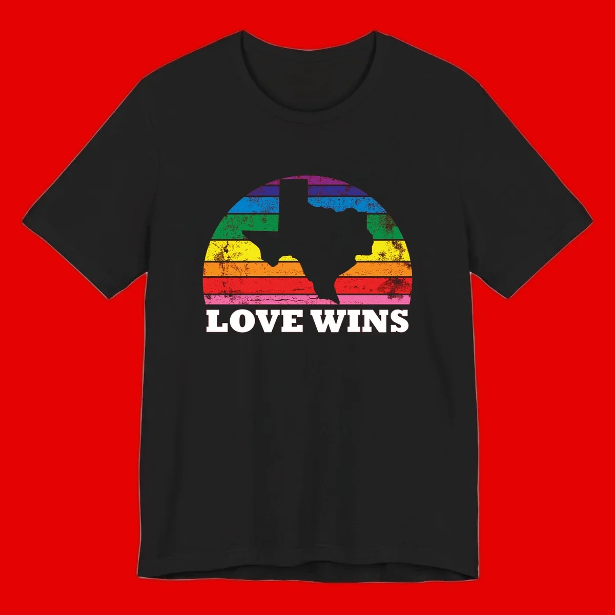 Two human head silhouettes in profile filled with rainbow horizontal stripes, with 'Love Wins' text below