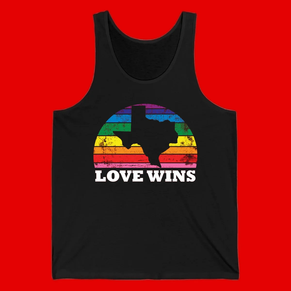 Two human head silhouettes in profile filled with rainbow horizontal stripes, with 'Love Wins' text below