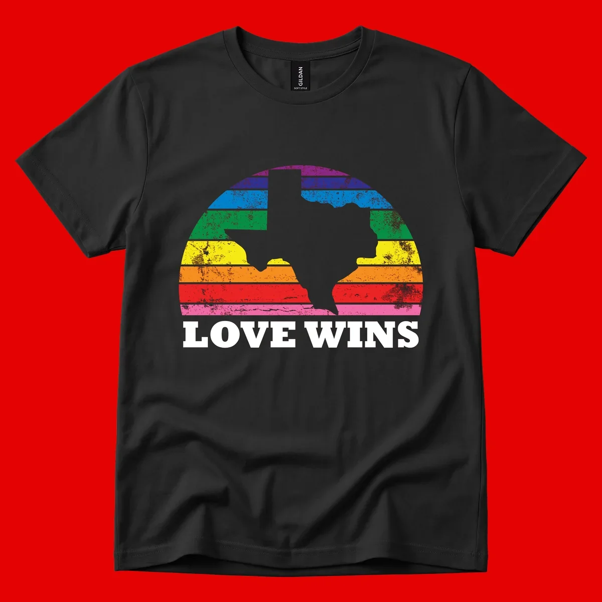 Two human head silhouettes in profile filled with rainbow horizontal stripes, with 'Love Wins' text below