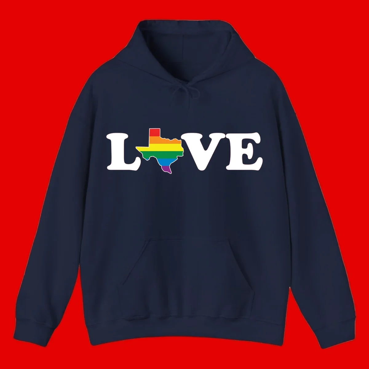 Love Texas Pride design: white LOVE text with Texas state map in rainbow pride colors on gray background