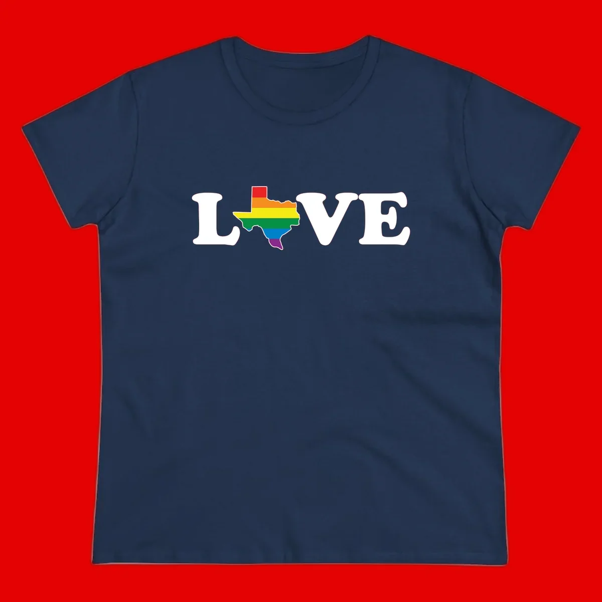 Love Texas Pride design: white LOVE text with Texas state map in rainbow pride colors on gray background
