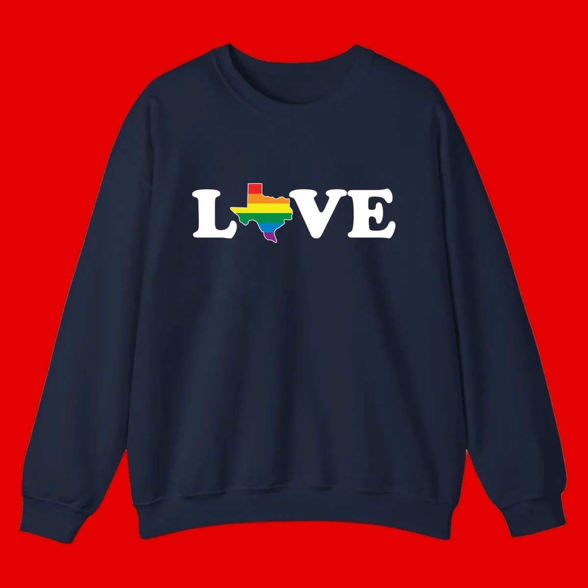Love Texas Pride design: white LOVE text with Texas state map in rainbow pride colors on gray background