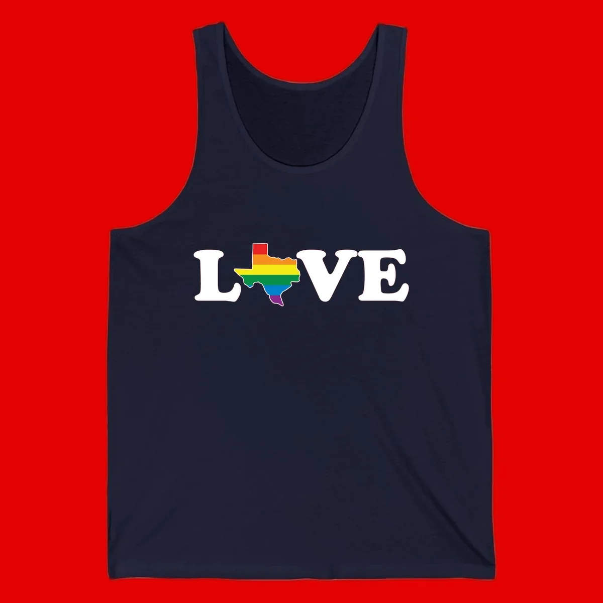 Love Texas Pride design: white LOVE text with Texas state map in rainbow pride colors on gray background