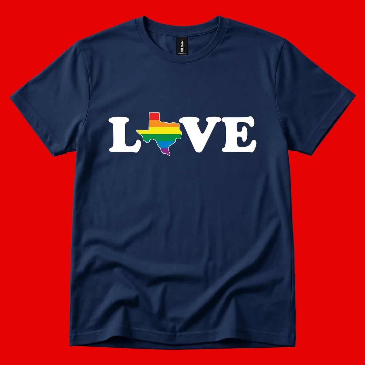 Love Texas Pride design: white LOVE text with Texas state map in rainbow pride colors on gray background