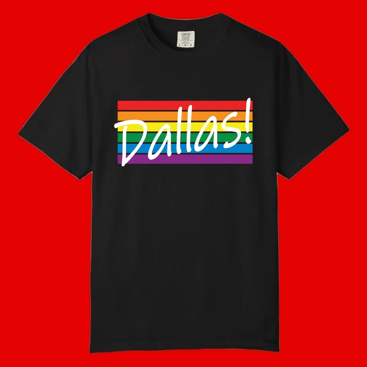 Pallas pride rainbow design with white handwritten text over horizontal stripes in red, orange, yellow, green, blue, and purple