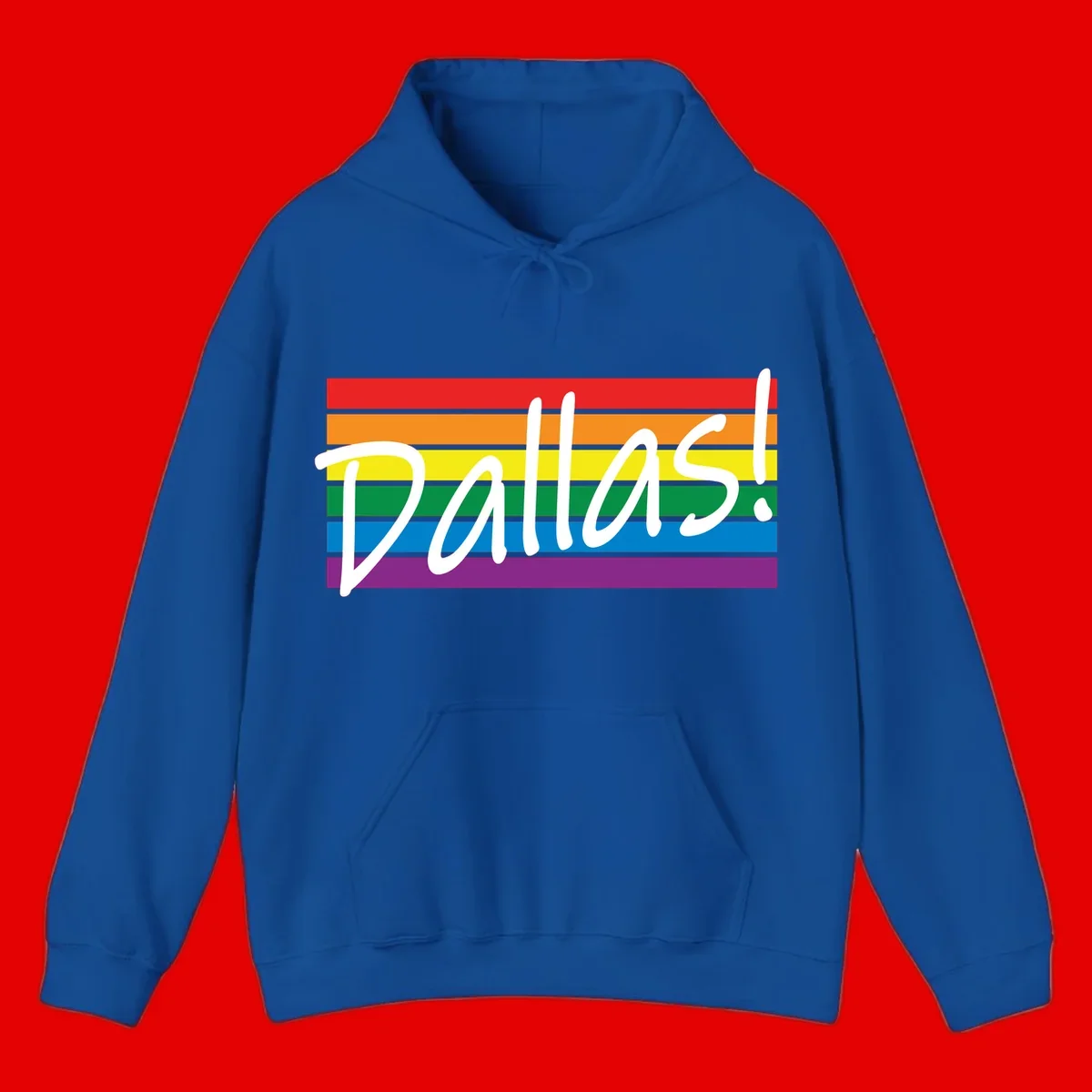 Pallas pride rainbow design with white handwritten text over horizontal stripes in red, orange, yellow, green, blue, and purple