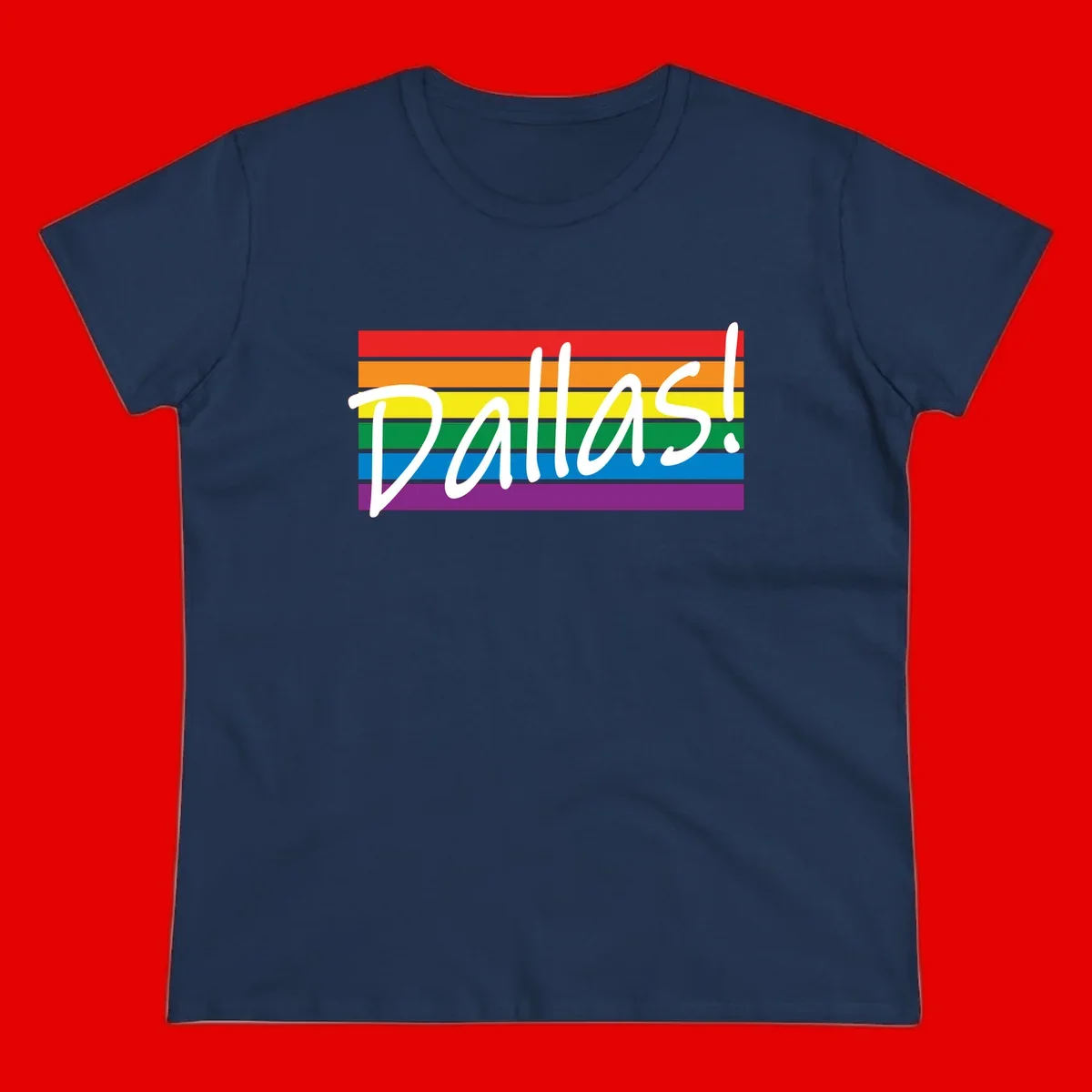 Pallas pride rainbow design with white handwritten text over horizontal stripes in red, orange, yellow, green, blue, and purple