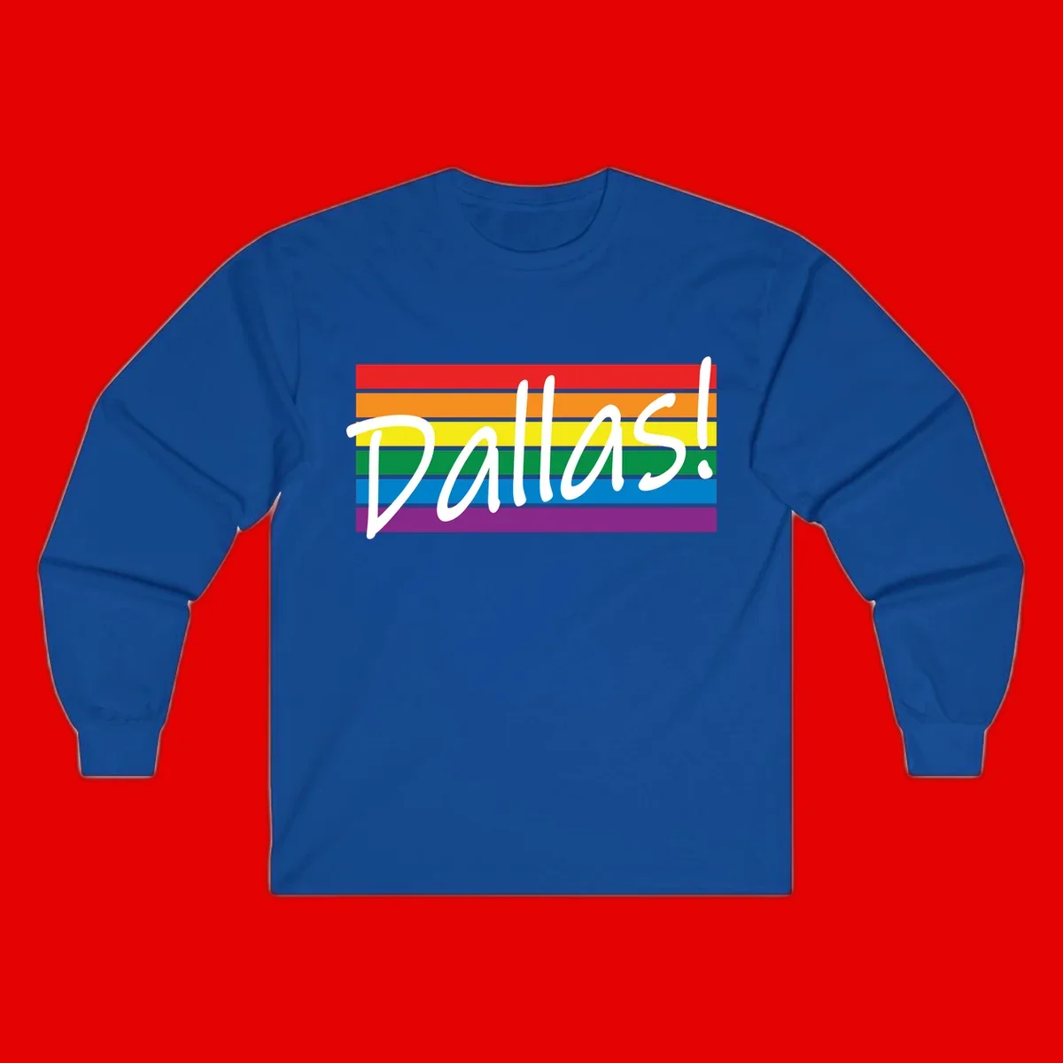 Pallas pride rainbow design with white handwritten text over horizontal stripes in red, orange, yellow, green, blue, and purple