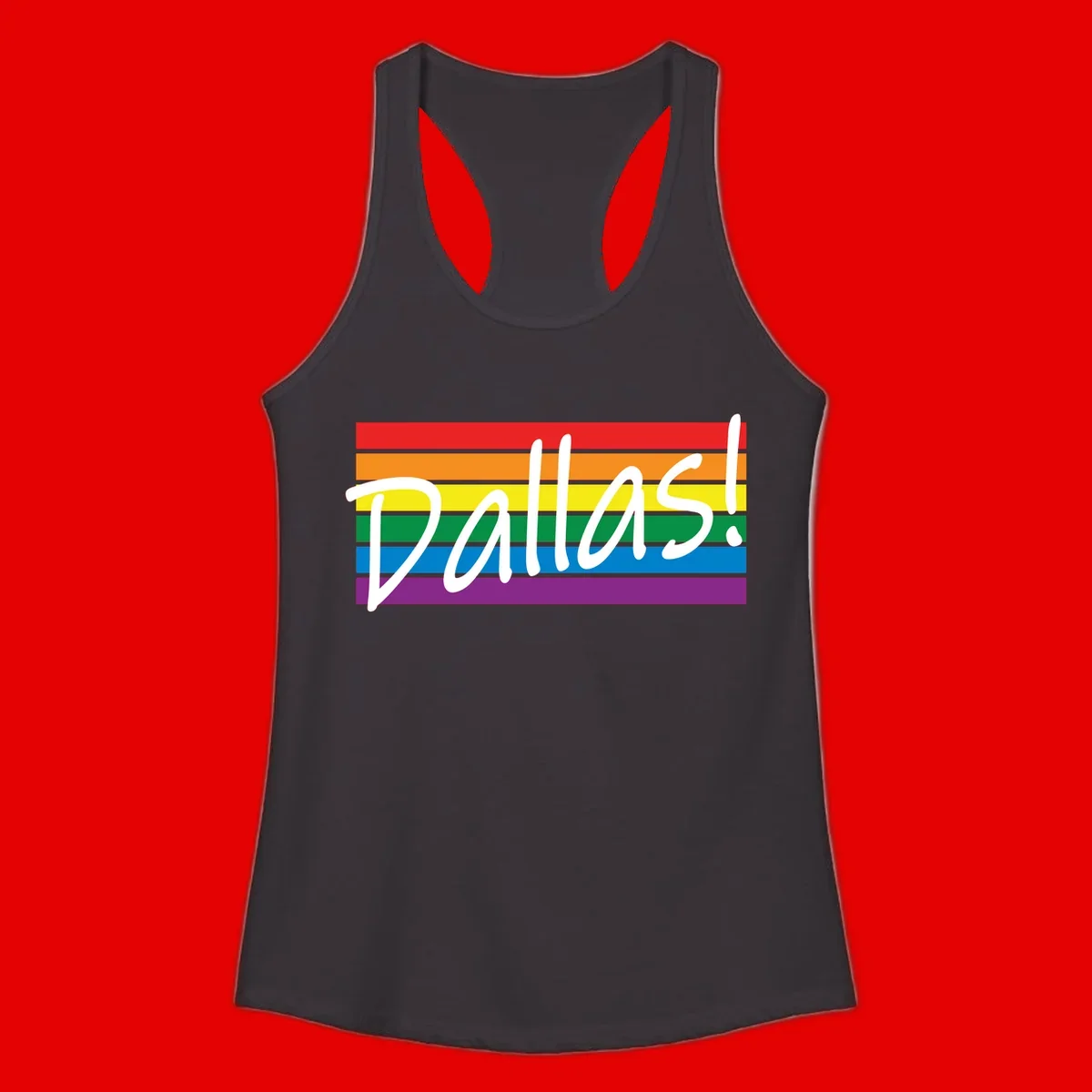 Pallas pride rainbow design with white handwritten text over horizontal stripes in red, orange, yellow, green, blue, and purple