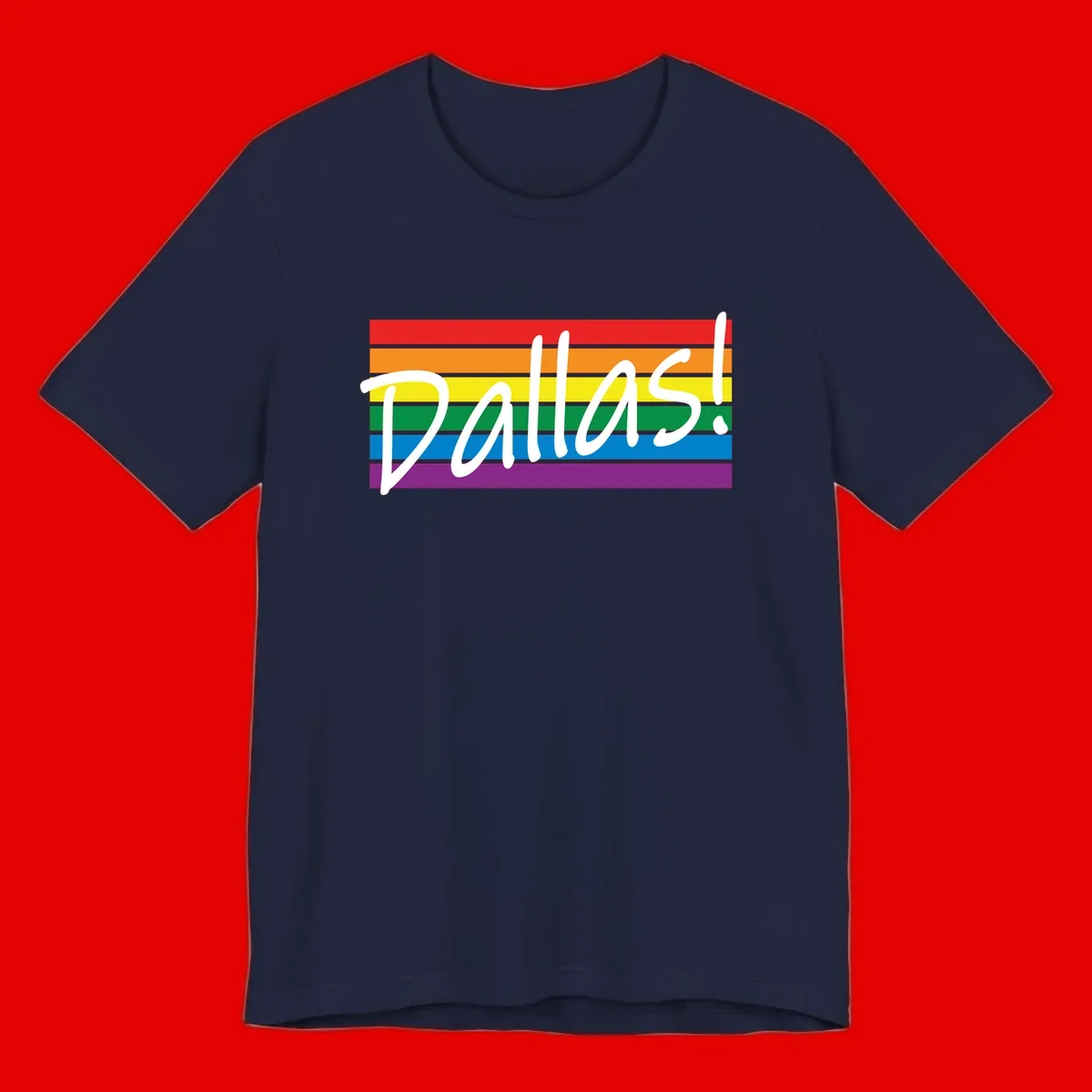 Pallas pride rainbow design with white handwritten text over horizontal stripes in red, orange, yellow, green, blue, and purple