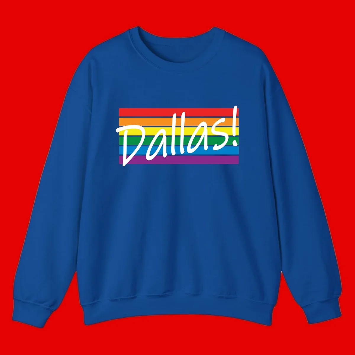 Pallas pride rainbow design with white handwritten text over horizontal stripes in red, orange, yellow, green, blue, and purple