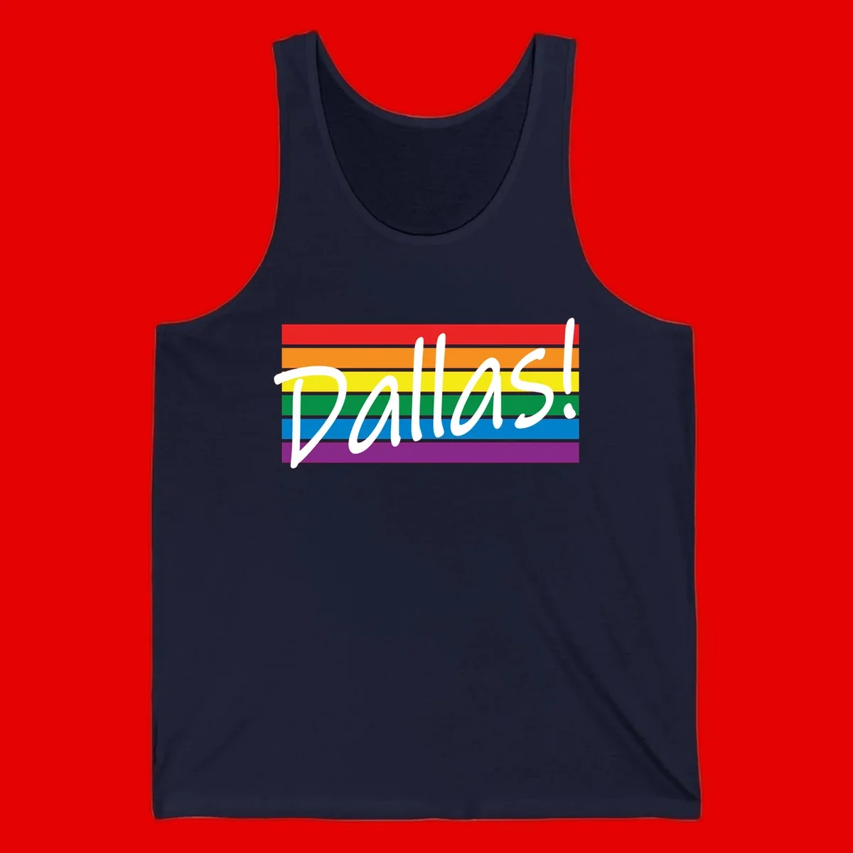 Pallas pride rainbow design with white handwritten text over horizontal stripes in red, orange, yellow, green, blue, and purple