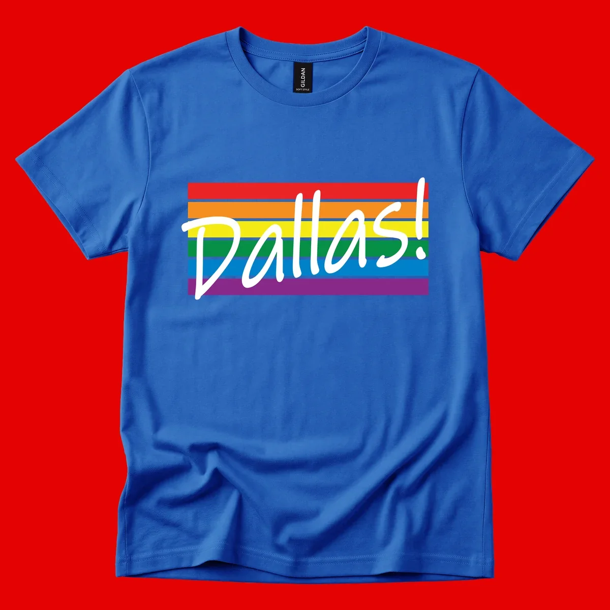 Pallas pride rainbow design with white handwritten text over horizontal stripes in red, orange, yellow, green, blue, and purple