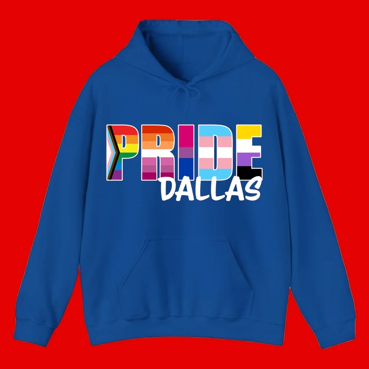 Pride Dallas design with large colorful block letters filled with rainbow and pride flag colors including progress chevron stripes