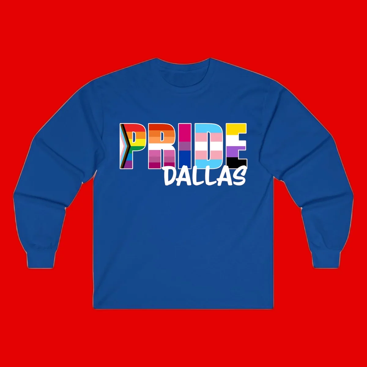 Pride Dallas design with large colorful block letters filled with rainbow and pride flag colors including progress chevron stripes