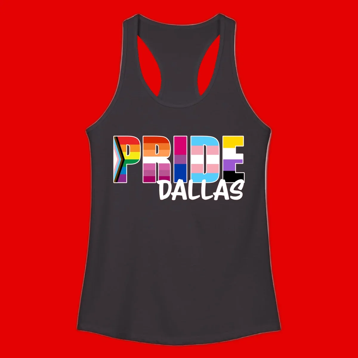 Pride Dallas design with large colorful block letters filled with rainbow and pride flag colors including progress chevron stripes