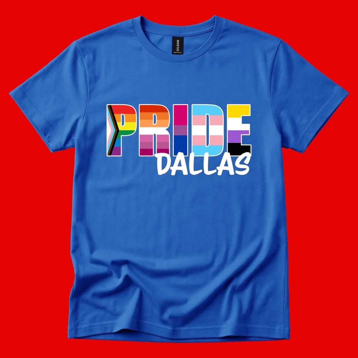 Pride Dallas design with large colorful block letters filled with rainbow and pride flag colors including progress chevron stripes
